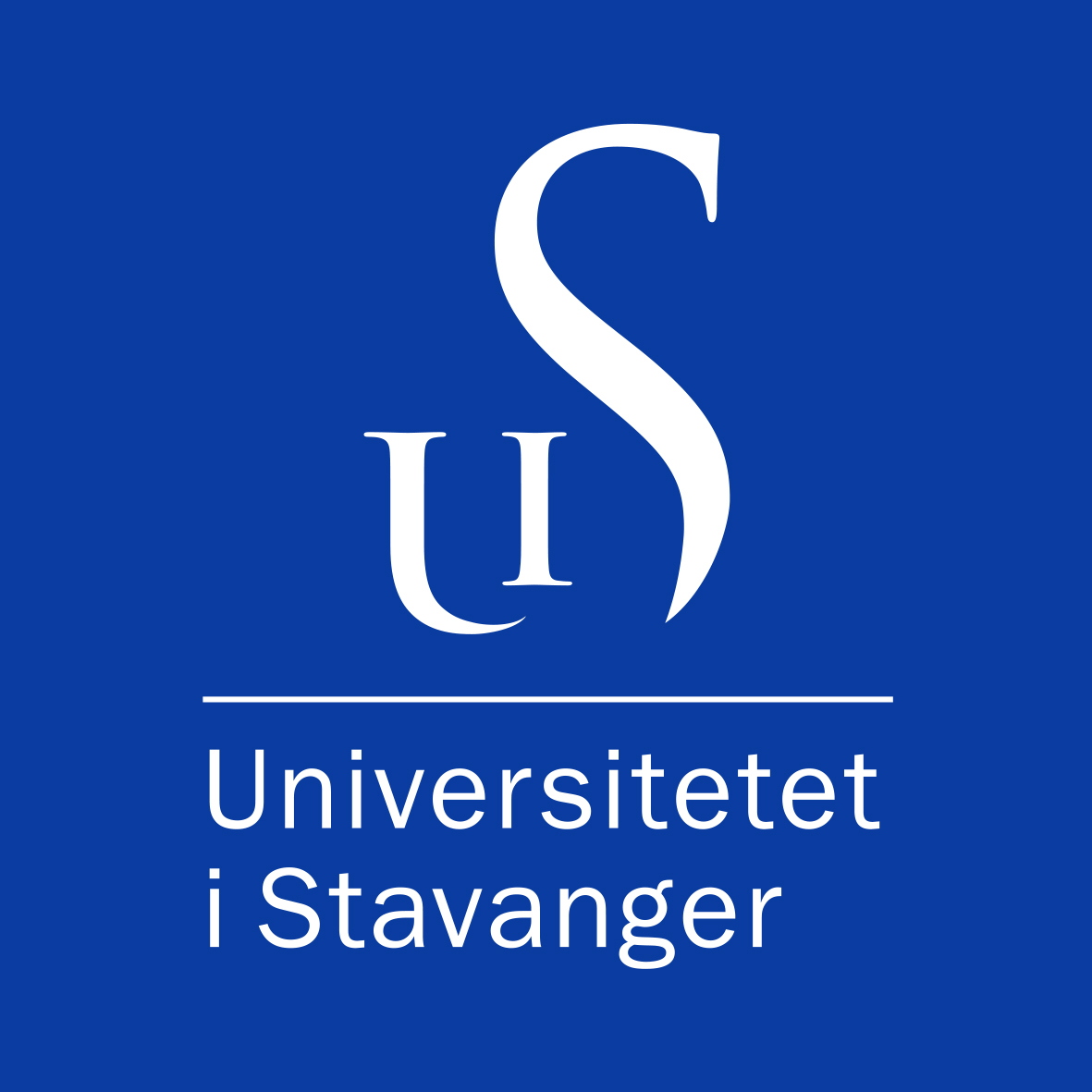 Logo bestående av en stor U, liten i og stor S i hvit tekst på klar blå bakgrunn